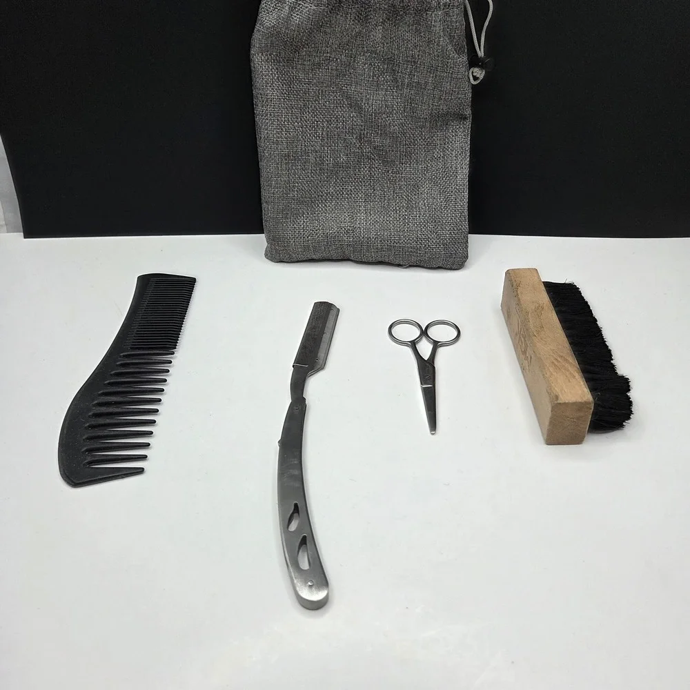 Beard Grooming Kit Straight Razor Scissors Brush Comb Set Silver Black